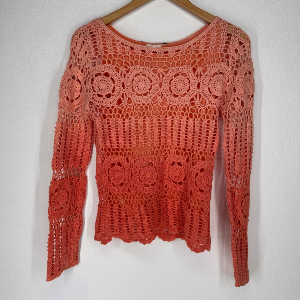 Vintage Ombre Crochet Open Knit Long Sleeve Top Orange Small Boho Festival Indie